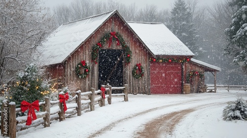 A Snow-Covered Red Barn Adorned with Christmas Wreaths and Decorations