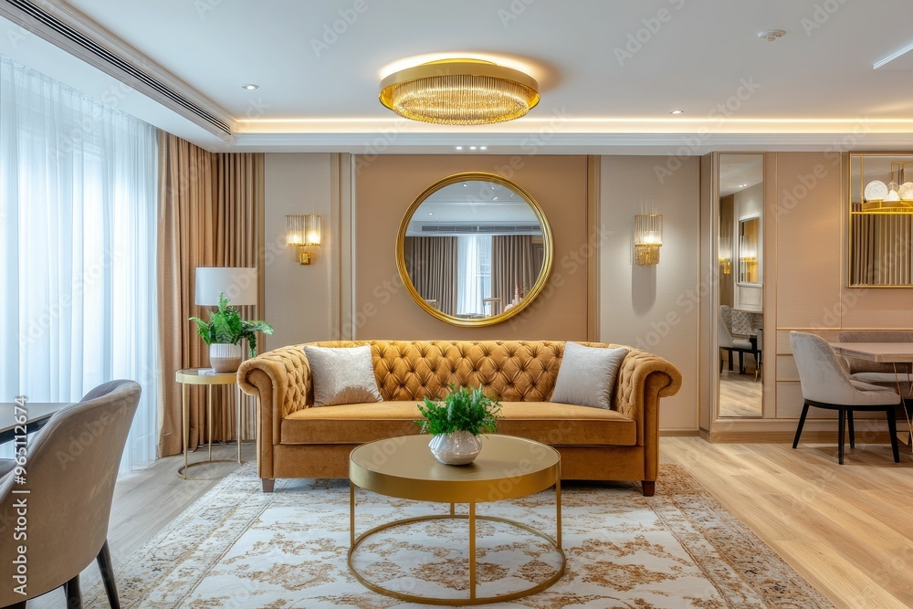 Fototapeta premium Elegant living room with modern decor and cozy furnishings.
