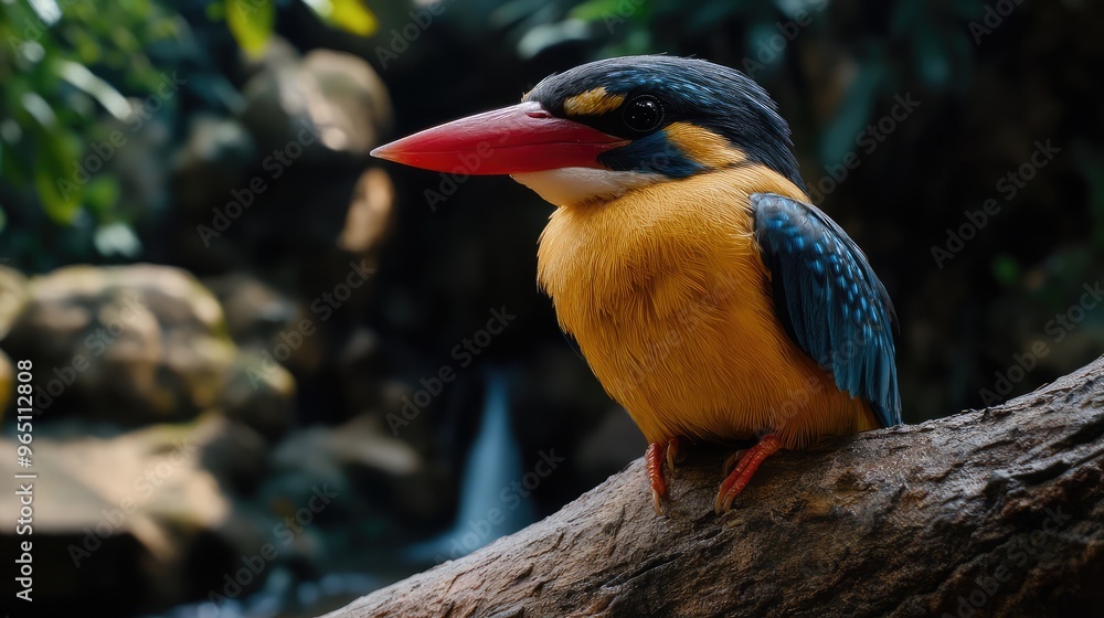 Obraz premium A vibrant bird of paradise perched on a branch against a colorful sky