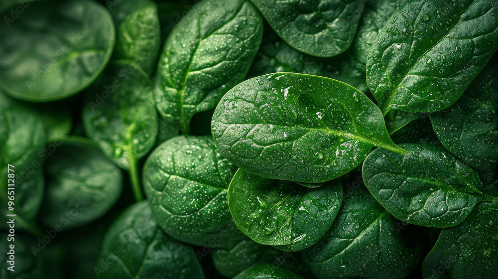 Fototapeta premium Close-up of fresh spinach leaves with dew drops.