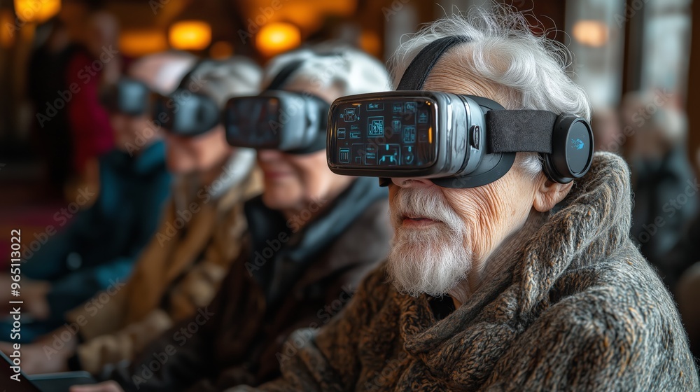 Obraz premium Elderly man experiencing virtual reality with a VR headset in a cozy setting, exploring technology and innovation, surrounded by other senior individuals enjoying the same activity