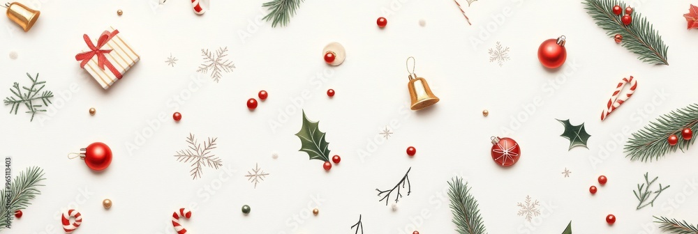 Festive Christmas Baubles, Gifts, and Snowflakes Pattern on Minimalist Background for Seasonal Advertisements with Space for Text Festive Christmas Baubles, Gifts, and Snowflakes Pattern on Minimalist Background for Seasonal Advertisements with Space for Text