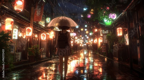 A young girl with an umbrella stands in a rainy street filled with glowing lanterns.