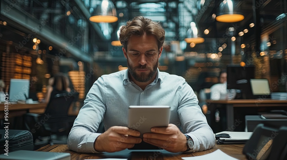 Bearded Man Using a Tablet in a Modern Office Bearded Man Using a Tablet in a Modern Office