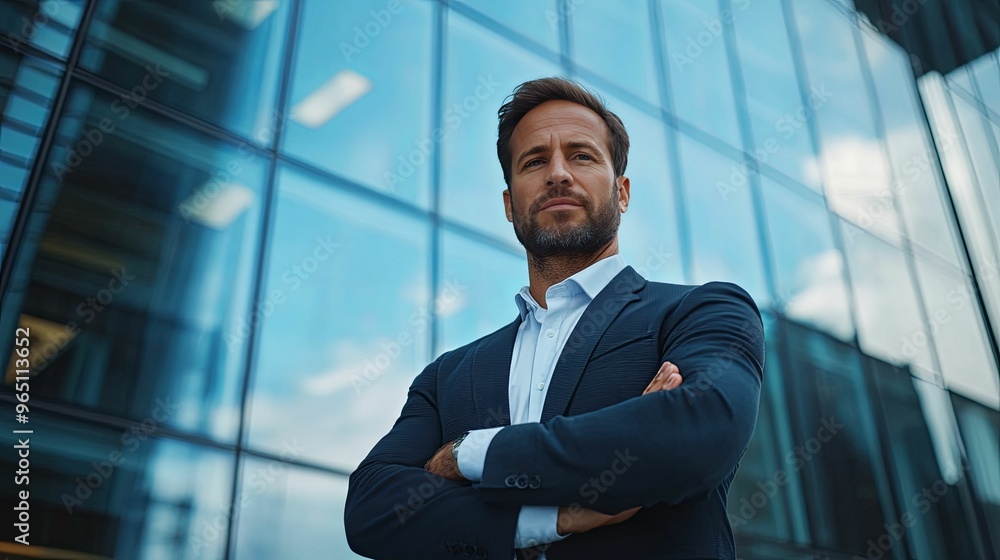 Confident Businessman in Suit with Arms Crossed in Front of Glass Building Confident Businessman in Suit with Arms Crossed in Front of Glass Building