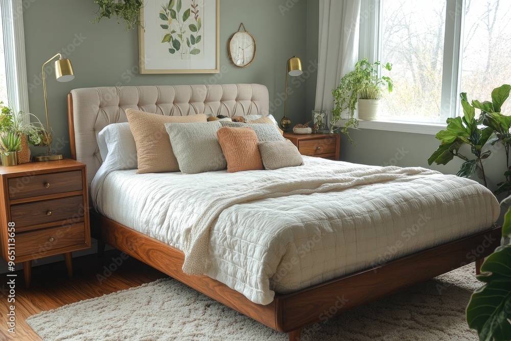 Obraz premium Cozy bedroom with plants and soft bedding.