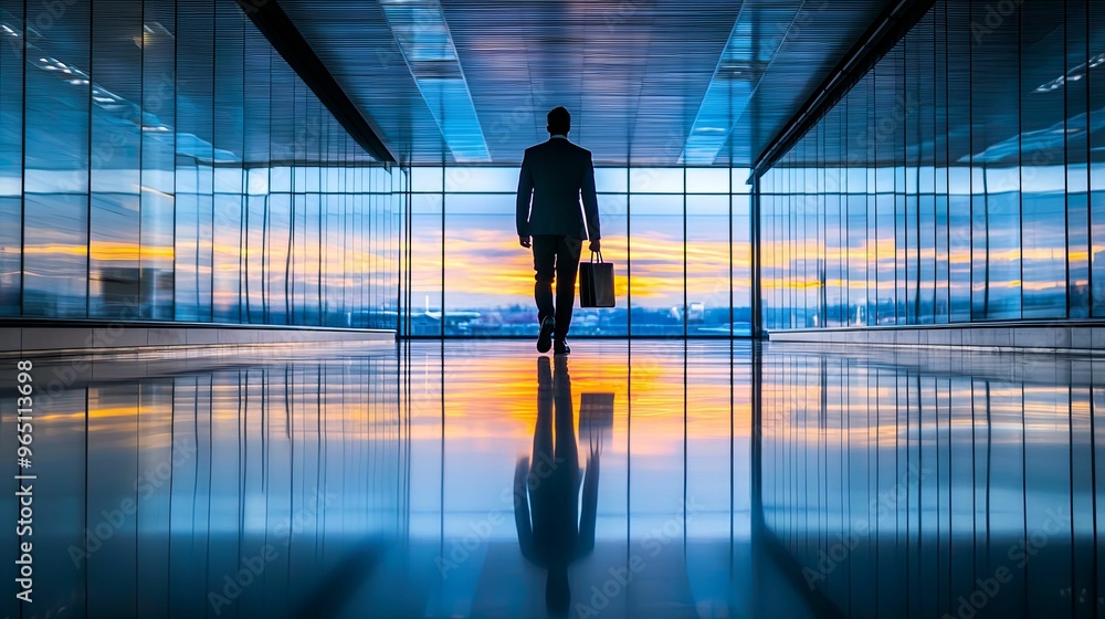 Silhouette of a Businessman Walking Towards a Sunset View Through a Glass Corridor Silhouette of a Businessman Walking Towards a Sunset View Through a Glass Corridor