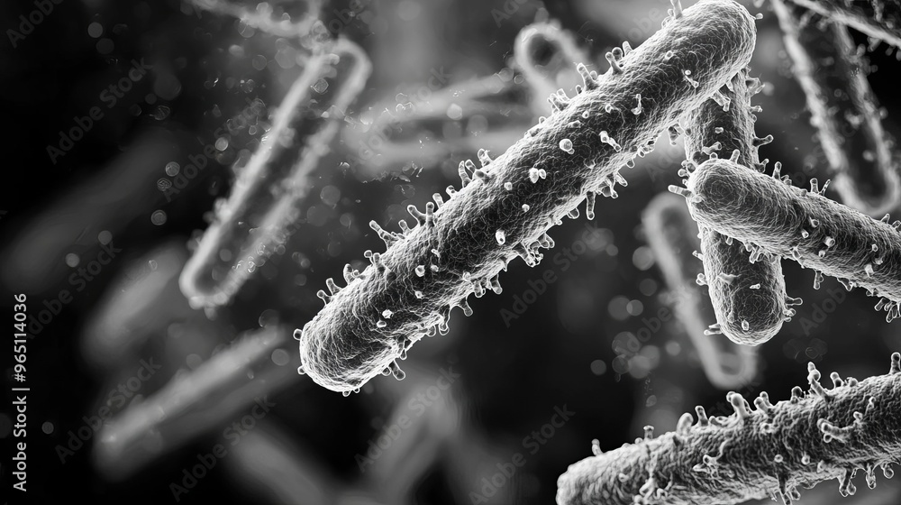 Fototapeta premium Detailed view of bacteria under an electron microscope, cellular structure analysis, microbiology biotechnology