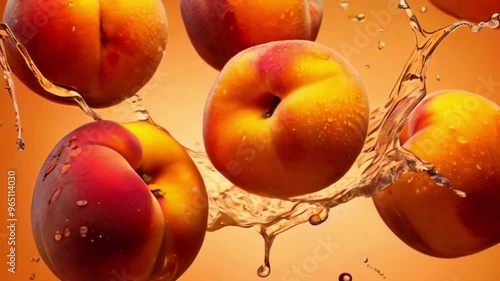 Ripe Peaches in Mid-Air with Water Splashes on a Vibrant Orange Gradient Background