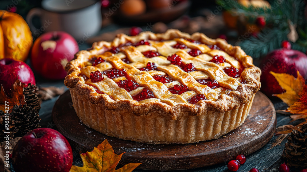 A freshly baked pie with a lattice crust and red berries on top. A freshly baked pie with a lattice crust and red berries on top.