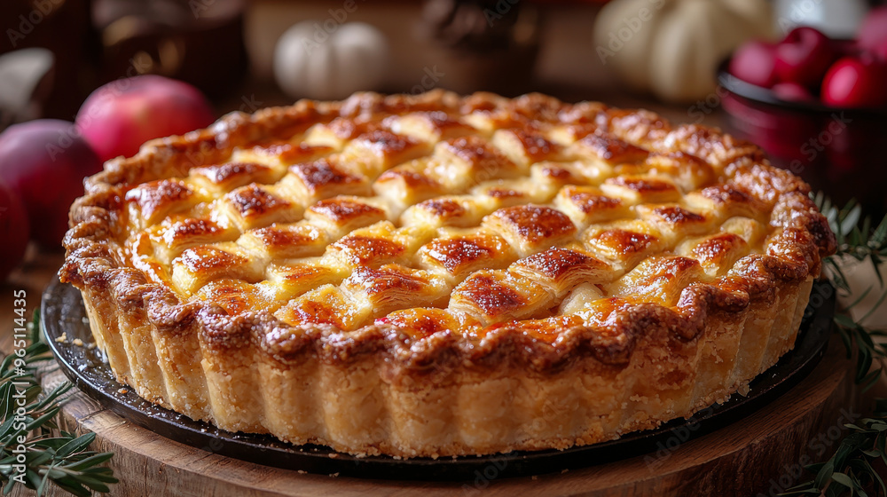 A delicious apple pie with a lattice crust. A delicious apple pie with a lattice crust.