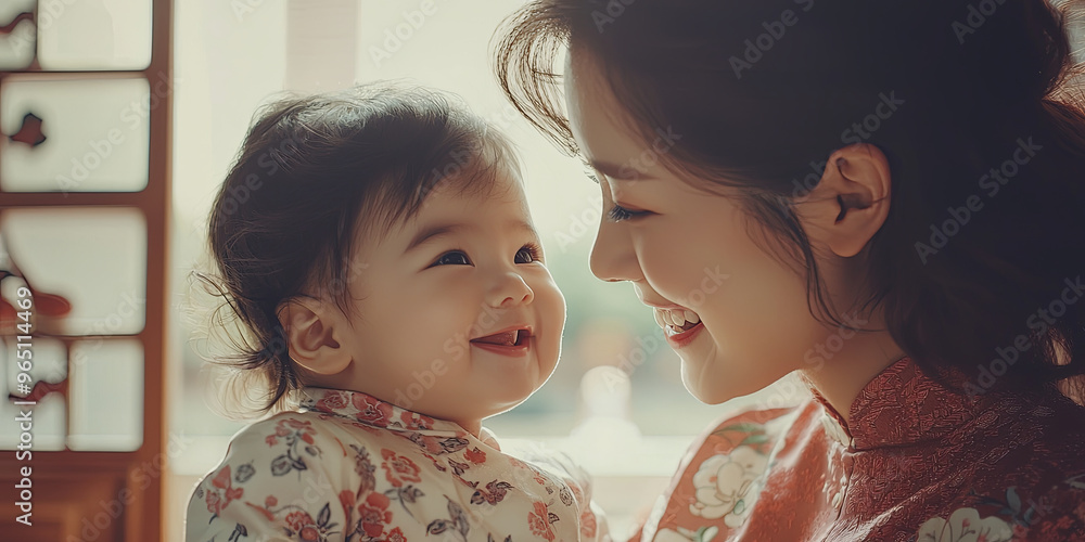 A young and beautiful mother, holding her child, generative AI A young and beautiful mother, holding her child, generative AI