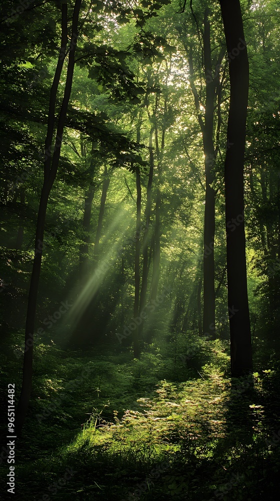 Obraz premium Sunbeams filtering through a dense forest canopy