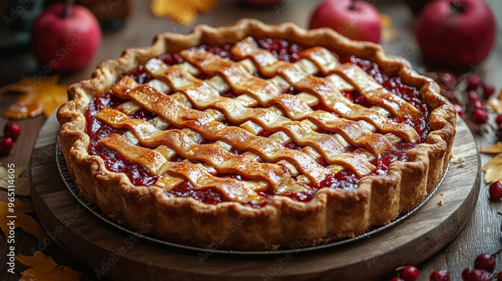 A freshly baked pie with a lattice crust and a red berry filling. A freshly baked pie with a lattice crust and a red berry filling.