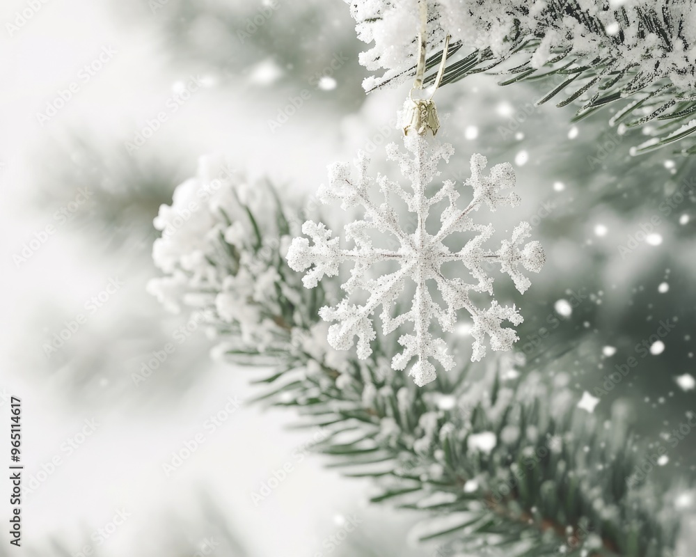 Frosty Christmas Tree with Silver Snowflakes and Glittering Snowfall Frosty Christmas Tree with Silver Snowflakes and Glittering Snowfall
