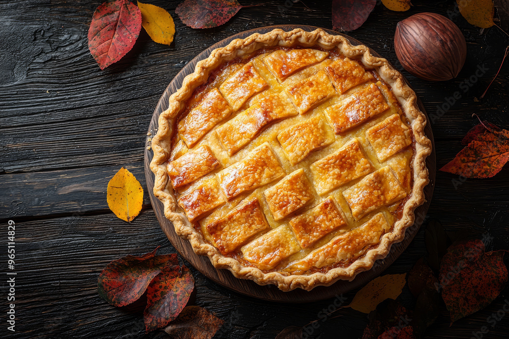 A delicious pie with a golden crust, perfect for a fall gathering. A delicious pie with a golden crust, perfect for a fall gathering.