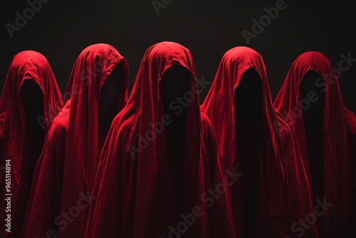 Mysterious group in red cloaks on black background hiding faces Sect members Conspiracy theory photo