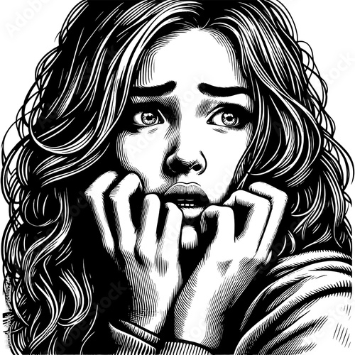 Portrait of a frightened woman in black and white woodcut style. Vector, generative ai.