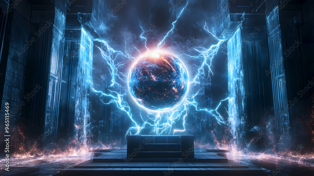 Fototapeta premium glowing energy ball suspended between two high-tech columns, with powerful energy waves pulsing outward, representing the fusion of different energy sources