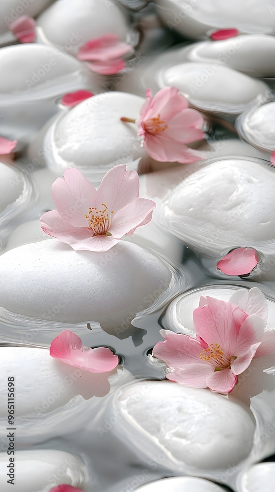 Pink Flowers and White Stones Floating in Water Pink Flowers and White Stones Floating in Water