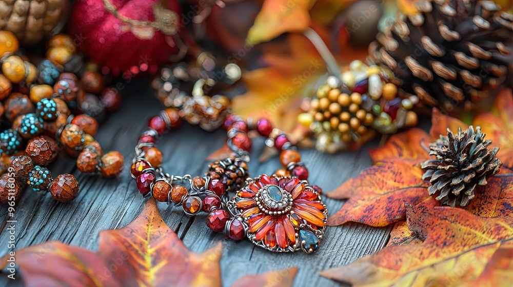 Fototapeta premium A vibrant and detailed still-life composition showcasing a beaded necklace with an elaborate flower pendant surrounded by autumn elements. The necklace features intricate beadwork with hues of red, or