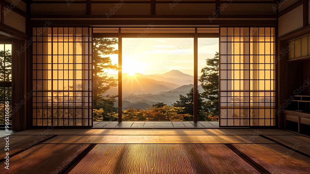 Serene sunrise view from a traditional Japanese room with wooden floors. Serene sunrise view from a traditional Japanese room with wooden floors.