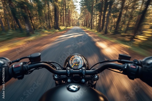 Scrambler motorbike riding through forest enjoying empty road on tour Dynamic blurred motion shot with copyspace