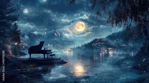 A captivating, dreamy night scene features a grand piano poised on the edge of a serene lake, under a starlit sky. The moon, full and glowing intensively, illuminates the calm water, the piano, and th