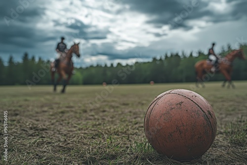 Selective Focus on ball in horse polo field Players and horses out of focus Forest and cloudy sky in background Overcast with copyspace photo