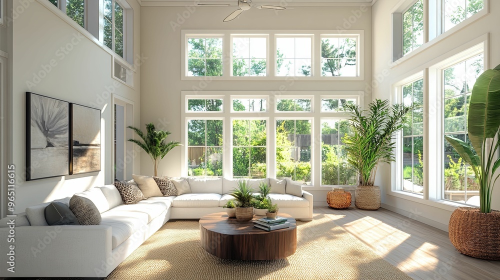 A Modern Living Room with Sectional Sofa, Coffee Table, and Large Windows A Modern Living Room with Sectional Sofa, Coffee Table, and Large Windows
