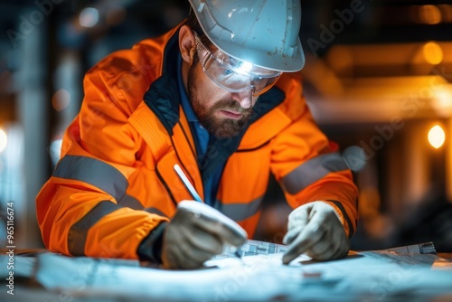 Inspector at work, construction site, safety gear, examining blueprints, bright light, detailed and focused photo