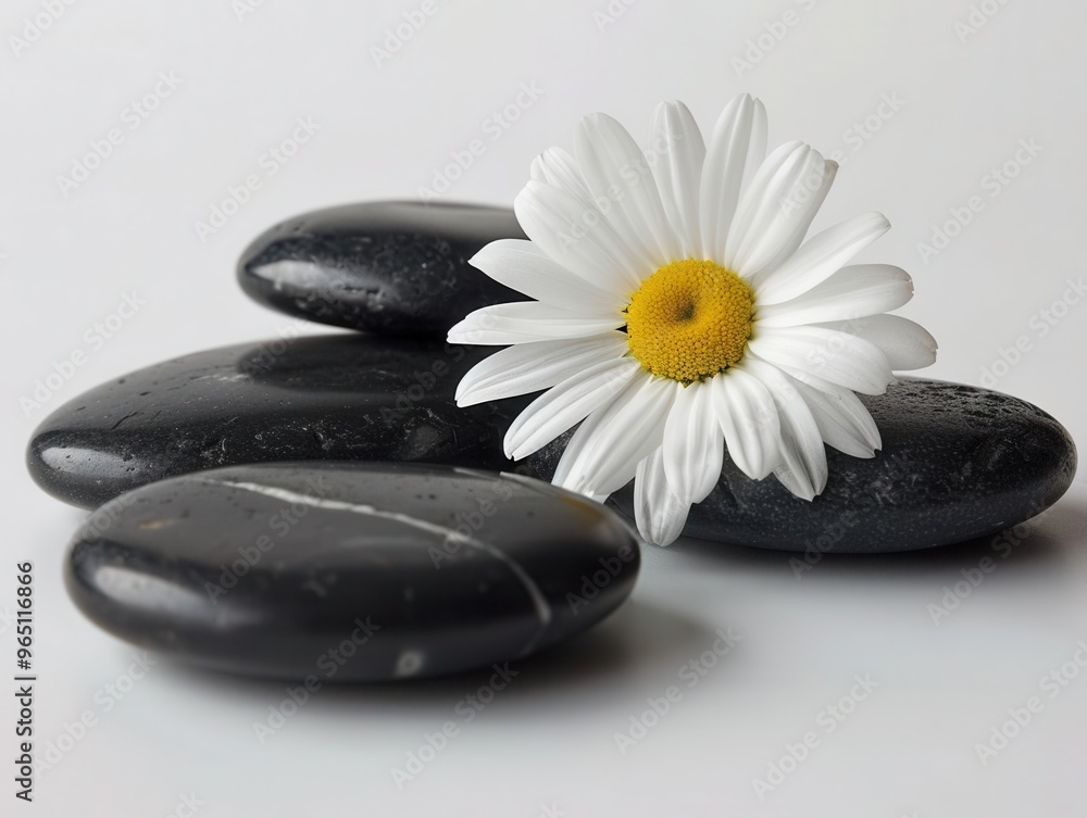 Peaceful spa scene with a white daisy flower and smooth black pebbles arranged artfully Isolated on a white background Peaceful spa scene with a white daisy flower and smooth black pebbles arranged artfully Isolated on a white background