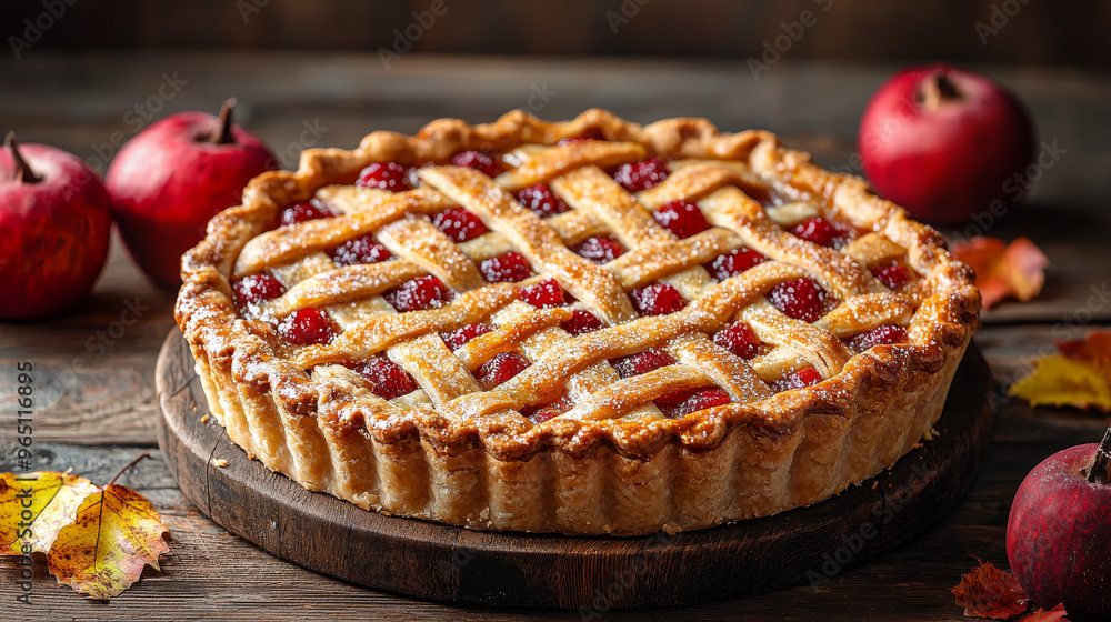 A freshly baked apple pie on a wooden table. A freshly baked apple pie on a wooden table.