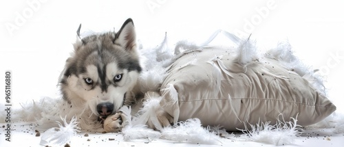 Siberian dog tearing up a pillow in the living room, playful and mischievous, feathers everywhere, isolated white background photo