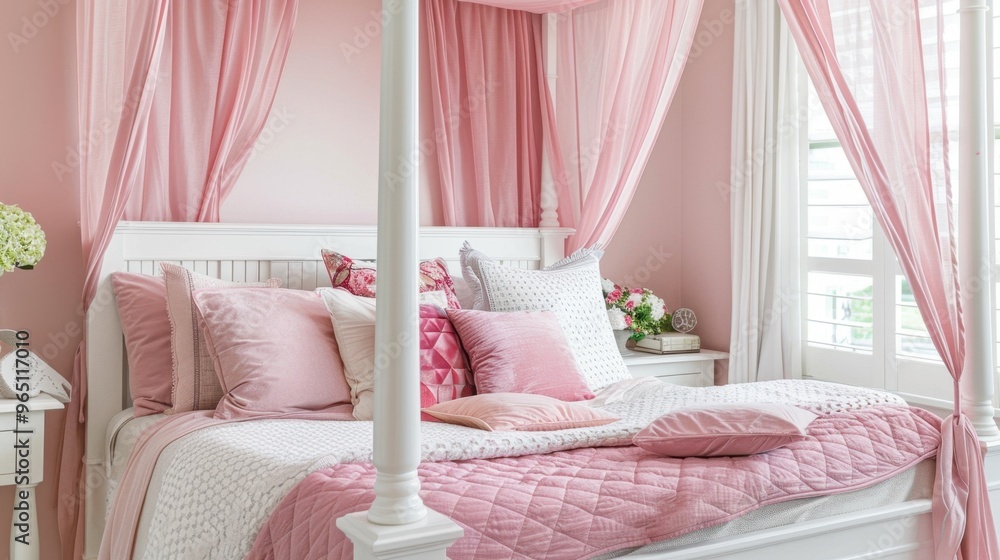 Canopy Bed: White wooden canopy bed draped with sheer pink curtains, offering a fairytale-like ambiance. Adorned with fluffy pillows and a quilted comforter for extra comfort.
Canopy Bed: White wooden canopy bed draped with sheer pink curtains, offering a fairytale-like ambiance. Adorned with fluffy pillows and a quilted comforter for extra comfort.