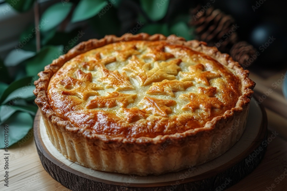 A freshly baked pie with a beautiful golden crust and intricate design. A freshly baked pie with a beautiful golden crust and intricate design.