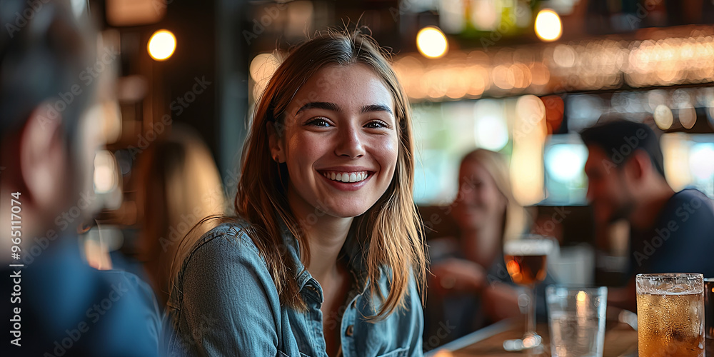 A young woman smiles while having dinner with friends, generative AI A young woman smiles while having dinner with friends, generative AI