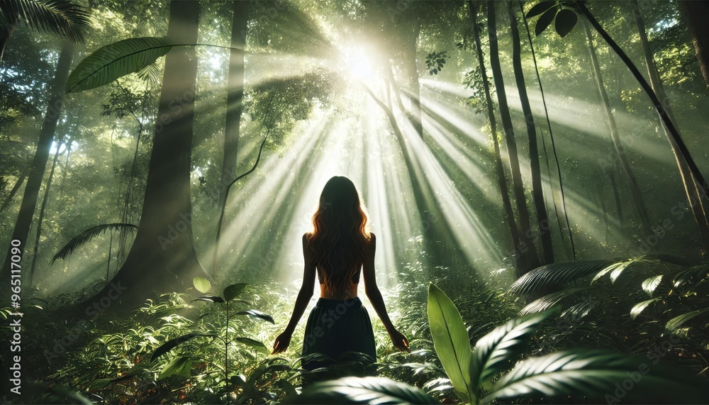 A detailed and focused image of a woman standing in the middle of a dense forest. A detailed and focused image of a woman standing in the middle of a dense forest.