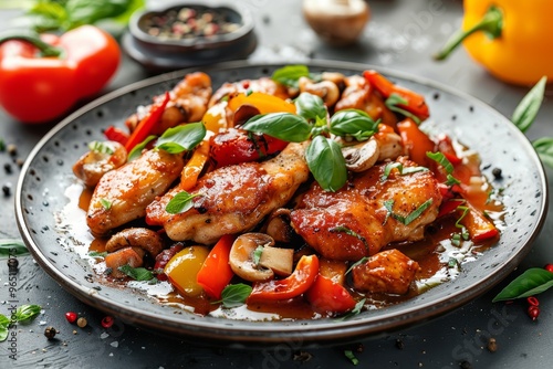 A beautifully arranged plate of chicken cacciatore with mushrooms and peppers