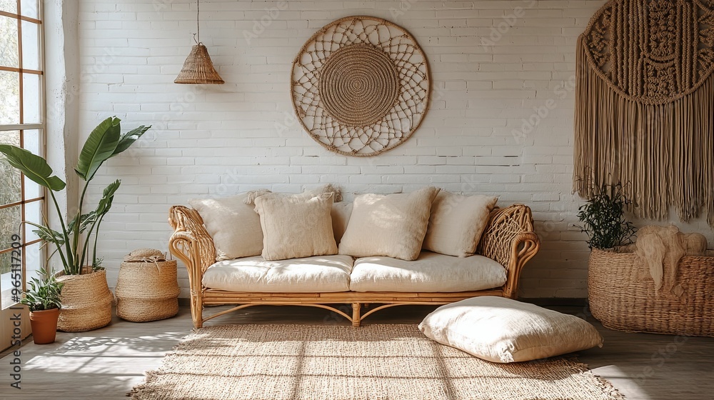 Bohemian Living Room with Wicker Couch and Macrame Decor Bohemian Living Room with Wicker Couch and Macrame Decor