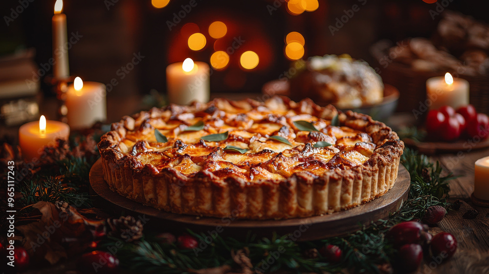 A golden-brown apple pie sits on a rustic wooden table, surrounded by candles and festive greenery. A golden-brown apple pie sits on a rustic wooden table, surrounded by candles and festive greenery.