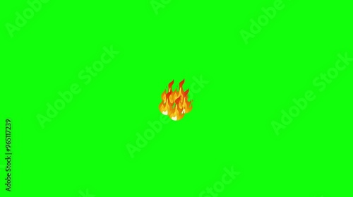 Green screen video frame with multiple floating cartoon-style flame emojis in a cross pattern. Orange and yellow flames with swirling base, hovering on a solid green background.