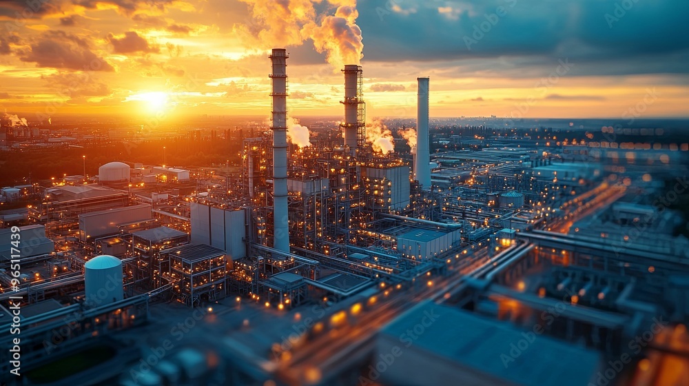 Industrial Complex at Sunset with Smoke Plumes Industrial Complex at Sunset with Smoke Plumes