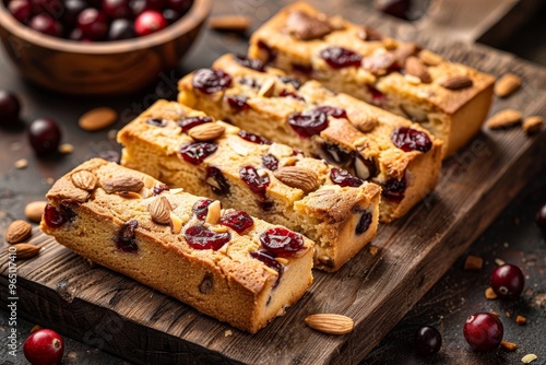 Freshly baked Italian biscotti with almonds and cranberries photo