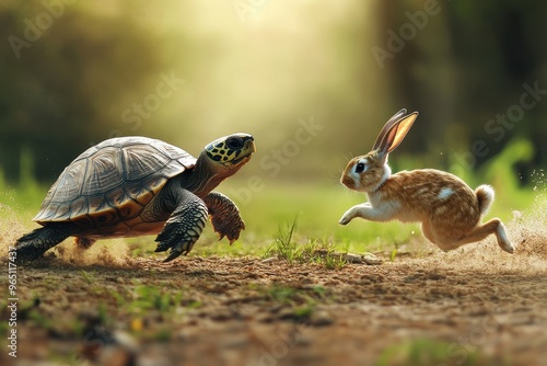 Slow and steady business concept similar to turtle vs rabbit race photo