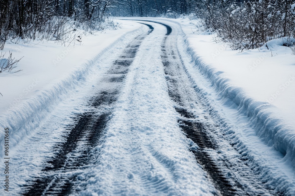 Snow covered road with one set of tracks in the middle Snow covered road with one set of tracks in the middle