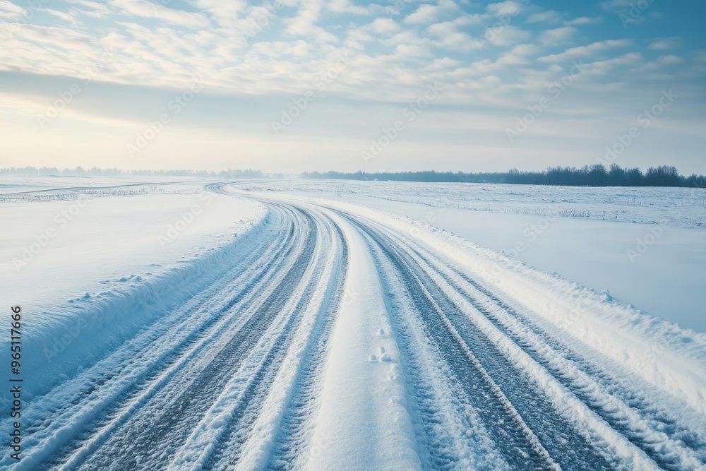 Snow covered road with tire tracks stretches far in winter landscape