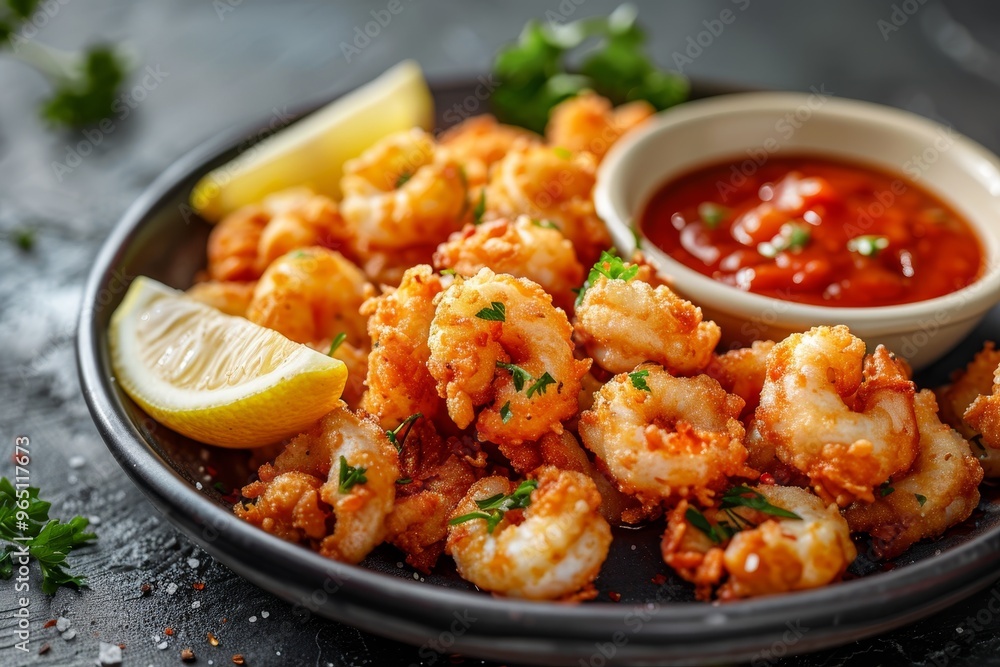 A plate of Italian calamari fritti with lemon wedges and marinara sauce A plate of Italian calamari fritti with lemon wedges and marinara sauce