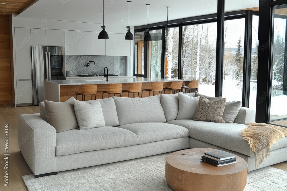 Fototapeta premium Modern living room with cozy furnishings and snowy view.