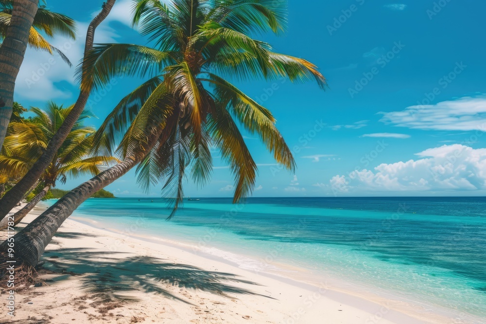 Sunny tropical Caribbean beach with palm trees and turquoise water, caribbean island vacation, hot summer day Sunny tropical Caribbean beach with palm trees and turquoise water, caribbean island vacation, hot summer day